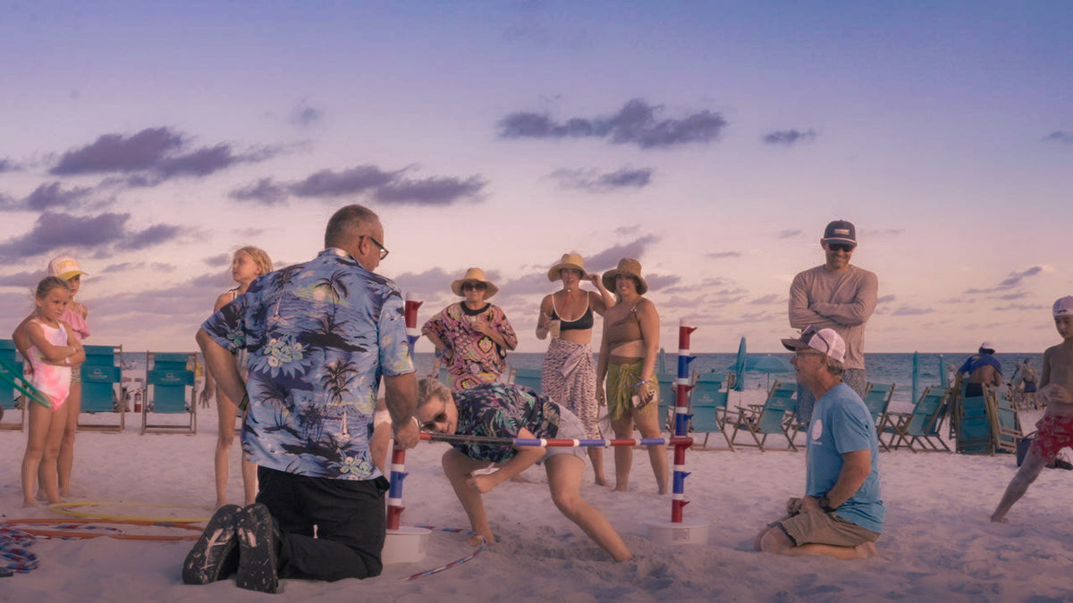 Guests celebrating at a beach event